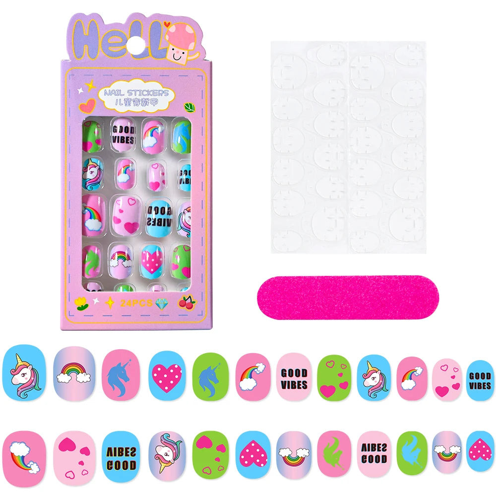 24Pcs/box Kids nails for Girl Cartoon Pattern False Nail Cute Child Fake Nails Tips Kawaii Acrylic Artificial Press on Nail+Tool