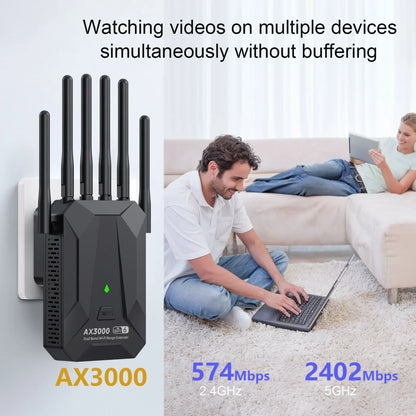 WiFi 6 AX3000 Wireless Repeater Dual Band 2.4GHz 5GHz 802.11AX Wi-Fi 6 Extender Amplifier WPS Router Long Range Signal Booster.