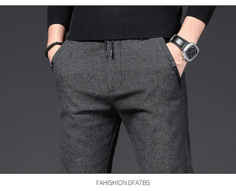 Winter Plush Trousers Men Business Fleece Pants Fashion Warm Drawstring Velvet Thick Casual Stretch Male Clothes 28-29