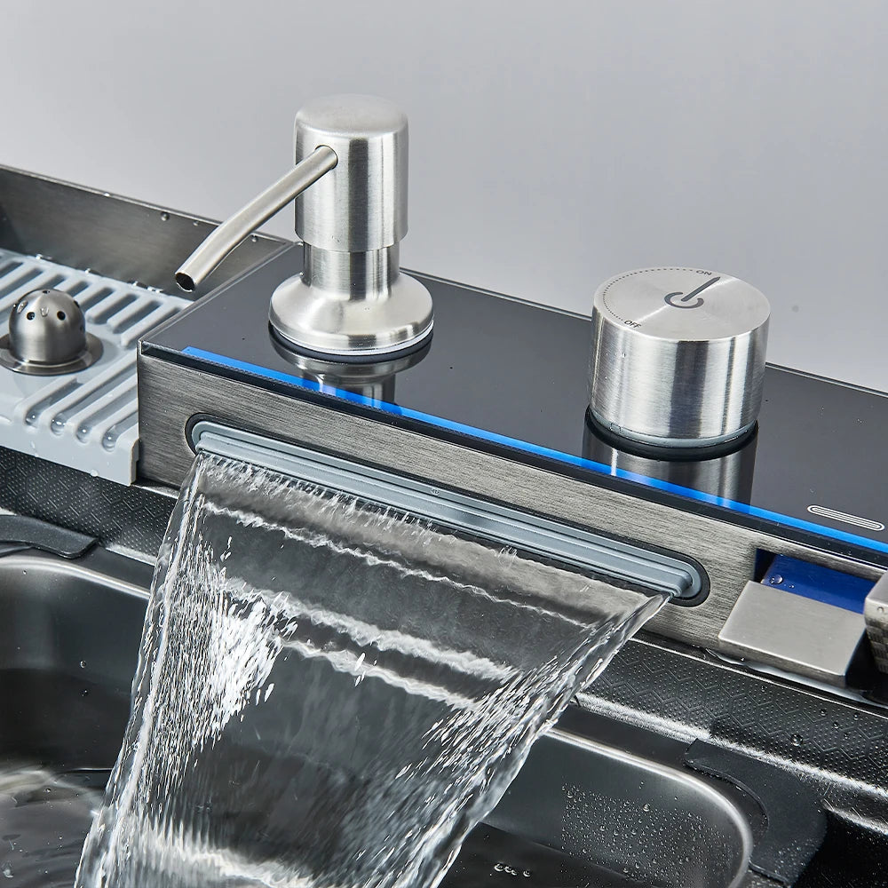 Stainless Steel Kitchen Sink with Hot Cold Pull Out Kitchen Sink Faucets Digital Large Single Bowl Waterfall Rain Kitchen Sinks