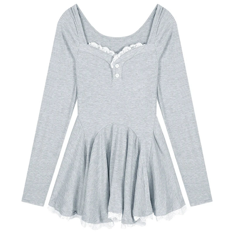 Sexy koreanisches Kleid im französischen Stil, Taille geschlossen, lange Ärmel, Schlüsselbein, freigelegt, süß.