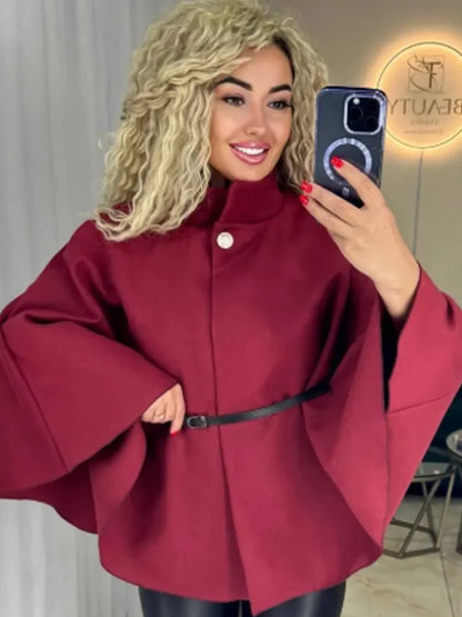 HXAO Damenjacken, übergroße Gürtel-Tunika-Jacke, Herbst-Wintermantel, weiblich, rot, braun, schwarz, Jacke, abgeschnittene Oberbekleidung mit Fledermausärmeln