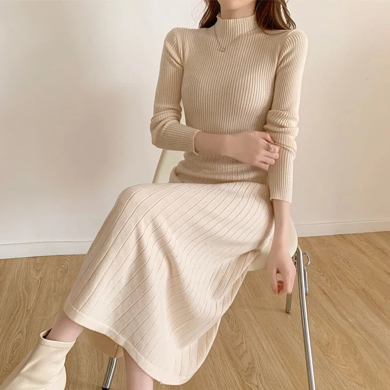 Herbst Winter 2023 Schlank Langarm Party Midi Kleid für Frauen Gestrickte Halb Hohen Kragen Elegante Gestrickte Pullover Kleider Damen