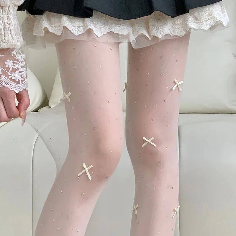 New Lolita Velvet Bowkont Embroidery Pearl Tights Pantyhose Flash Diamond Women Tight JK Style Sweet Girls Kawaii Cute Stockings.