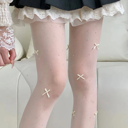 New Lolita Velvet Bowkont Embroidery Pearl Tights Pantyhose Flash Diamond Women Tight JK Style Sweet Girls Kawaii Cute Stockings.