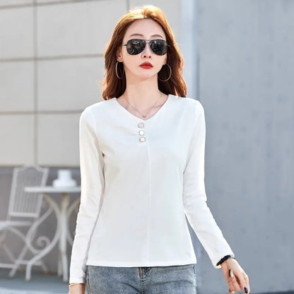 Wine red pure cotton long sleeved t-shirt for women's spring and autumn new style V-neck fashionable casual plus size loose top