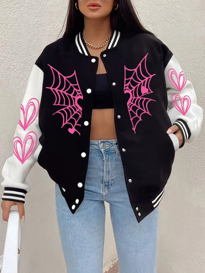 Spider'S Web Heart Printing Baseball-Mantel für Damen, bequeme, lockere Jacken, Winter-Fleece, warme Oberteile, Basics, lässige Damenbekleidung