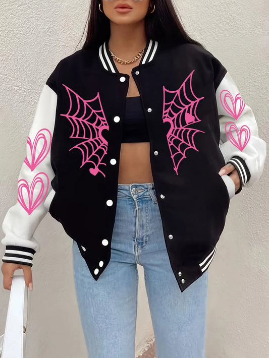 Spider'S Web Heart Printing Baseball-Mantel für Damen, bequeme, lockere Jacken, Winter-Fleece, warme Oberteile, Basics, lässige Damenbekleidung