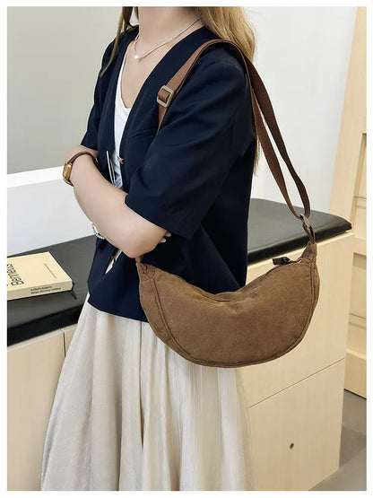 Solid Color Corduroy Women's Hobos Shoulder Bag Retro Casual Female Crossbody Bags Ladies Daily Travel Handbags Messenger Bag