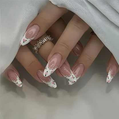 24Pcs Almond False Nails Cute Strawberries with French Design Simple White Wearable Fake Nails Decoration Press on Nail Tips Art.