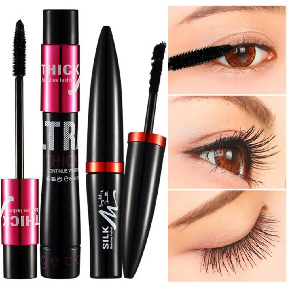 Fiber Silk Mascara Set Double Tube Natural Waterproof Dense Long Lasting No Halo Dye Mascara Beauty Makeup Extension Cream.