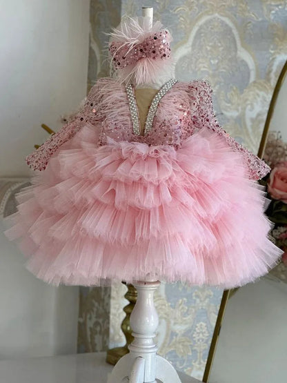 Wunderschönes und elegantes langärmliges Mädchenkleid mit V-Ausschnitt und Pailletten für Kinderklavieraufführungen, Laufsteg-Performance-Mesh-Kuchenkleid