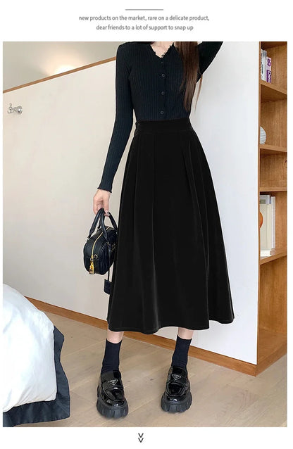 Autumn Winter Warm Vintage Red Elegant Velvet A-line Skirt For Women 2024 High Waist Casual Black Party Pleated Big Swing Skirts