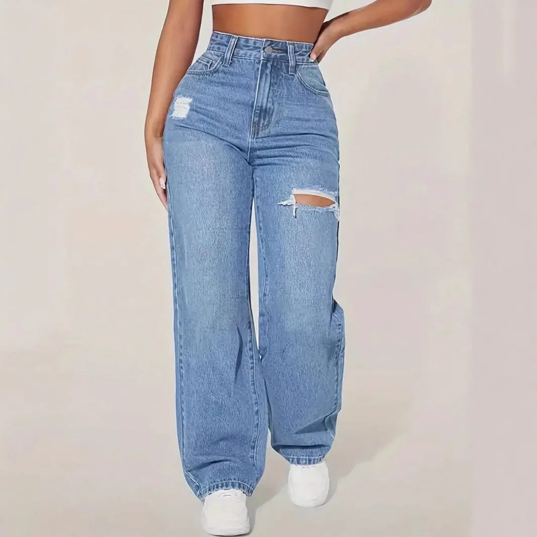 Mom Jeans Women Denim Pant Wide Leg Long Pants Hole High Waist Straight Trousers Y2k Streetwear Work Splice Casual 2025 Punk.
