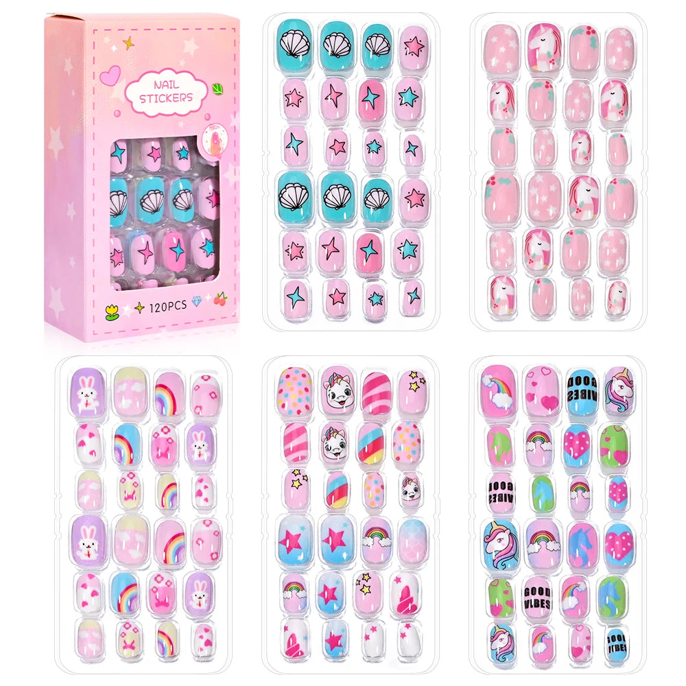 120pcs/box Pink Cartoon Children Press On Nails Candy Color Unicorn Cat Bunny Kids Full Cover False Nail Girls Party Nail Decora