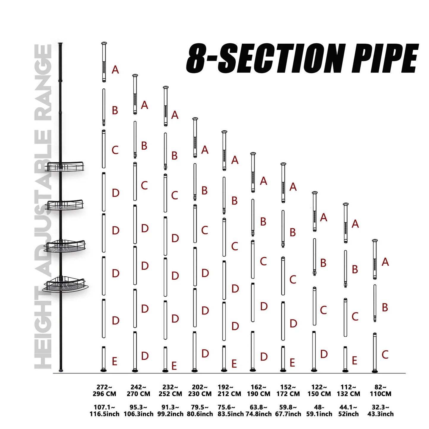 4-stufiges verstellbares Eck-Duschregal (82–296 cm) – kein Bohren, Spannstange, dreieckiger Organizer für Badezimmer, Küche, Aufbewahrung mit Haken