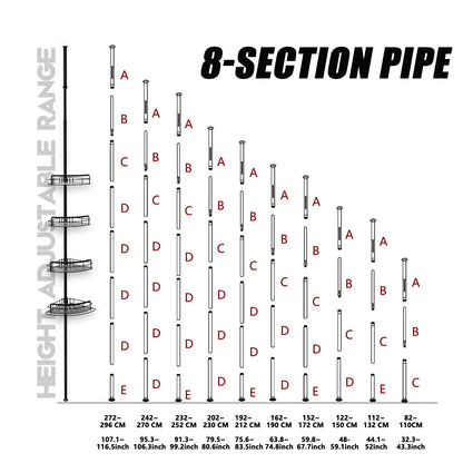 4-stufiges verstellbares Eck-Duschregal (82–296 cm) – kein Bohren, Spannstange, dreieckiger Organizer für Badezimmer, Küche, Aufbewahrung mit Haken