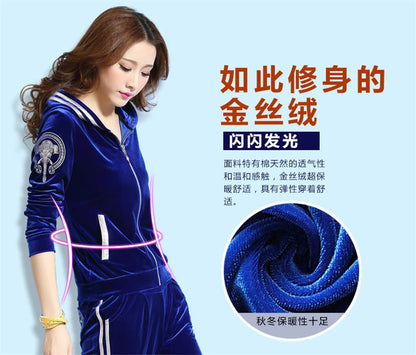 Korean Print Velvet 2 Piece Set Casual Hooded Women Outfit Harem Pant Suits Tracksuit Velour Jogging Femme Spring Fall Conjuntos.