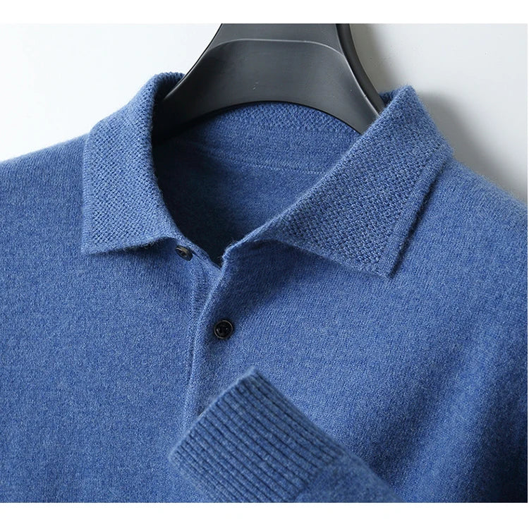LHZSYY 100%Merino Wool Hot Cardigans Men Lapel Pullover Long Sleeve POLO Neck Sweaters Loose Tops Knit Clothing Large Size Shirt.
