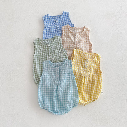 2024 Sommer Baby kleidung Plaid Kleinkind Jungen Mädchen Bodysuit ärmel los einteiliges Kleinkind Outfit