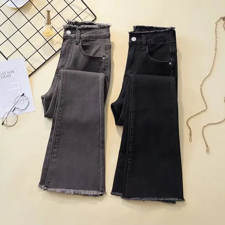 Black High-waisted Elastic Slimming Jeans For Women Micro Flared Straight Leg Loose Fit Wide Leg Fringebell Bottom Pants Trendy.