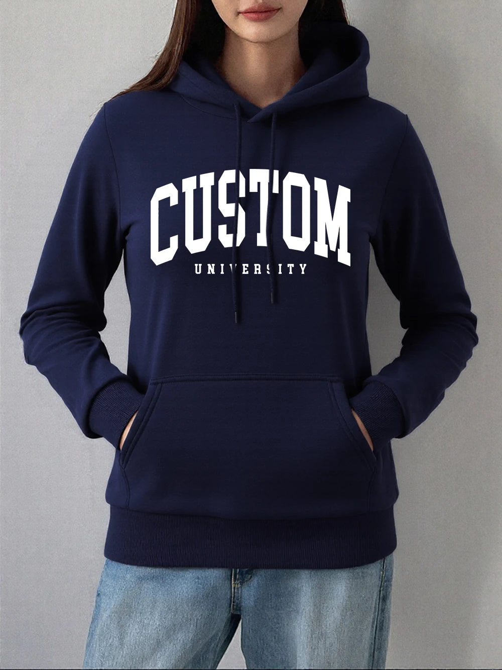 Custom University Printed Hoodies Women Basics Pocket Sweatshirts Autumn Fleece Warm Pullovers Comfortable Casual Womans Clothes