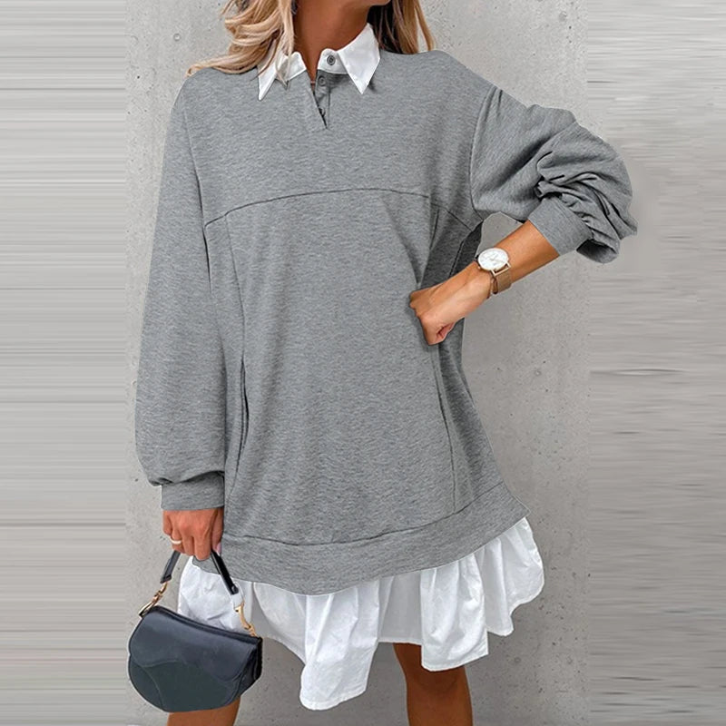 Plus Größe 5XL VONDA Frauen Hoodies Sweatshirts Mode Patchwork Kausalen Revers Kragen Gefälschte Zwei Stück Sweatshirts Lose Lange Jumper.