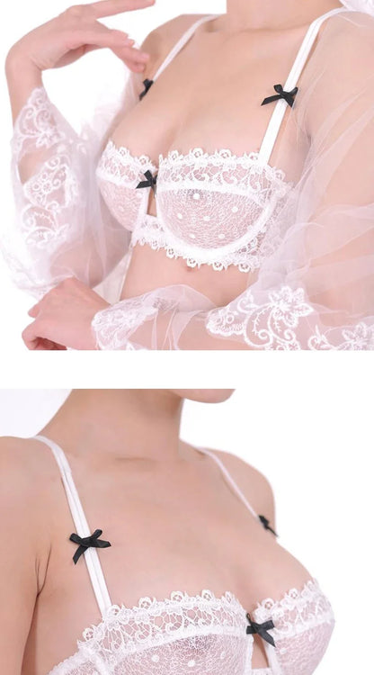 Plus Size Sexy Half Cup Lace Bra Sheer Mesh Unlined Bralette for Women A D Cup, Invisible Push Up Underwire Lingerie Set.