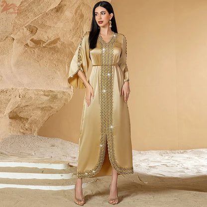Luxury Dubai Diamonds Abaya Satin Long Dress Women Muslim Islam Clothing Evening Party Gown Ramadan Caftan Marocain Femme Robe ﻿.