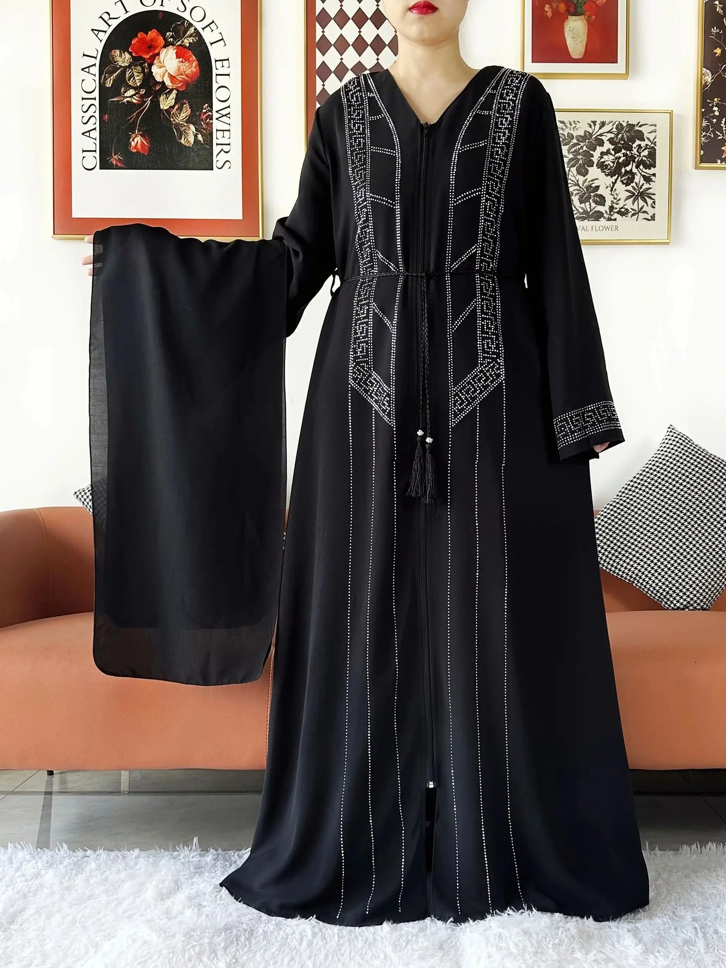 New Women Elegant Dress Chiffon Open Abaya with Zipper Muslim Women Dress Islamic Clothing Cardigan Abaya Women Muslim Dress.