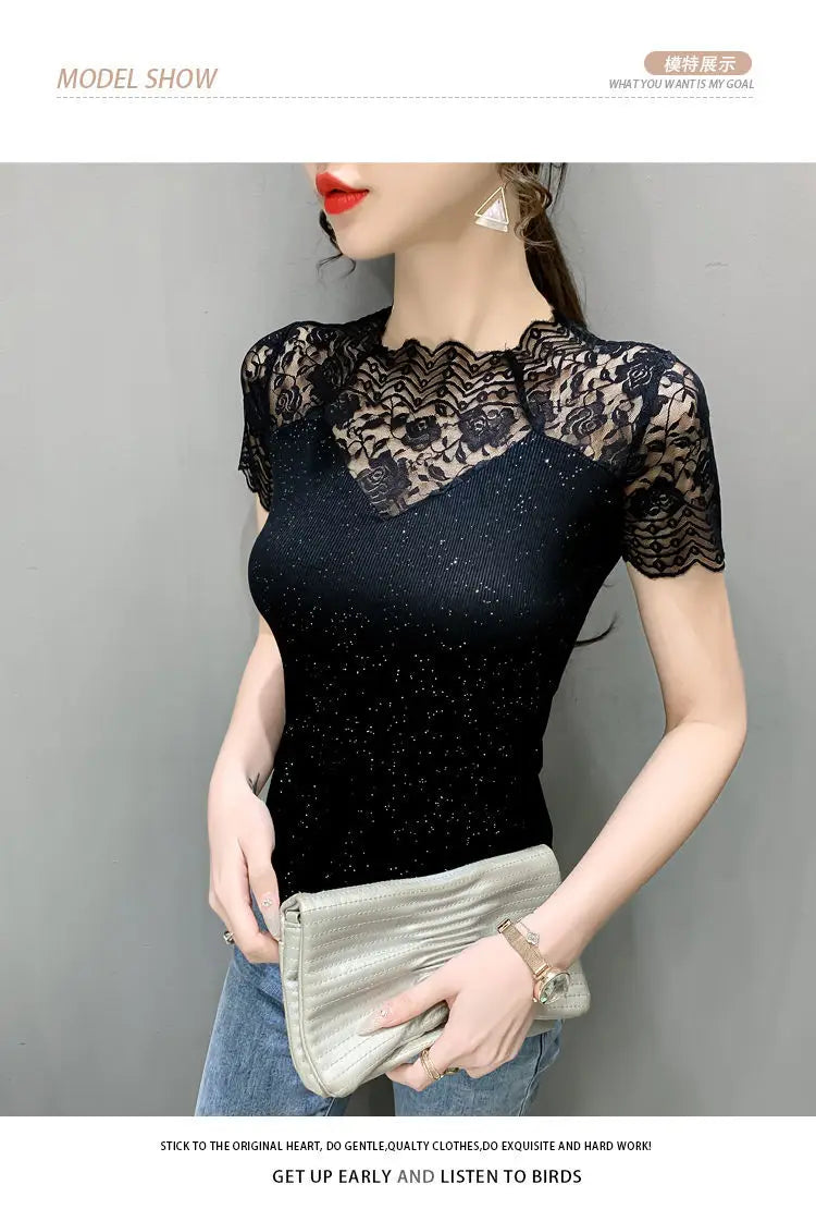 Summer Women Tops Patchwork Bright silk Mesh T shirt Pathcwork Short Sleeve Lace Shirt.