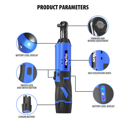 DayPlus 3/8 Zoll kabelloser elektrischer Ratschenschlüssel, 12 V Power-Ratschengerät 200 NM mit 2 x 1500 mAh-Batterien 90 °   Winkelschlüssel, 7 Steckdosen