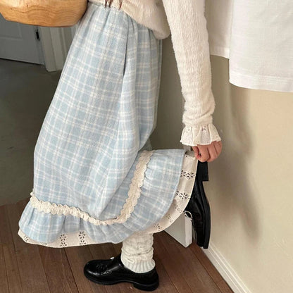 Japanese Sweet Long Skirt Women Fall Winter Blue Plaid Vintage Preppy Patchwork Skirts High Waist A Line Loose Casual Cute Skirt.