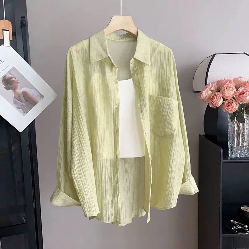 Women's Summer Sun Protection Shirts Casual Loose with Pocket Chiffon Blouses Female Korean Chic Thin Breathable Slimming Shirt.