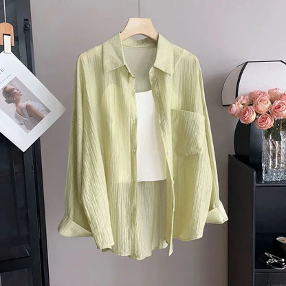 Women's Summer Sun Protection Shirts Casual Loose with Pocket Chiffon Blouses Female Korean Chic Thin Breathable Slimming Shirt.