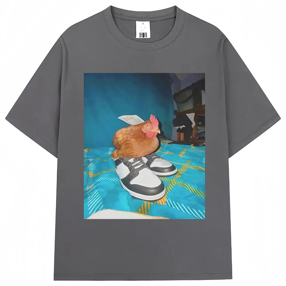 Funny Dripped Out Chicken Meme Print T-shirts Humor Chicken with Shoes Men Women T Shirt Creativity Popular Loose Cotton T-shirt.