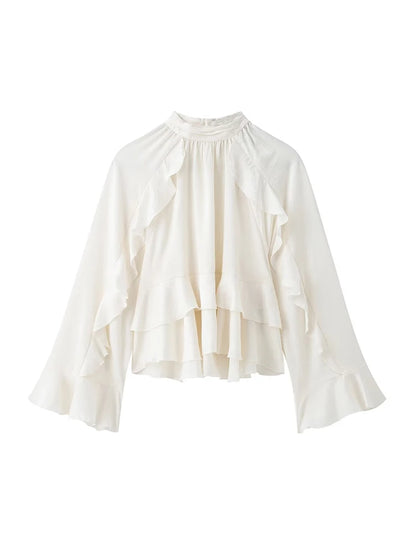 Women's Long Sleeve Ruffled Blouse Stand Collar Chic Fashion Top Elegant Female Shirt.