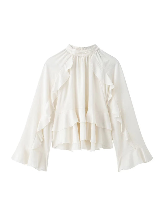 Women's Long Sleeve Ruffled Blouse Stand Collar Chic Fashion Top Elegant Female Shirt.