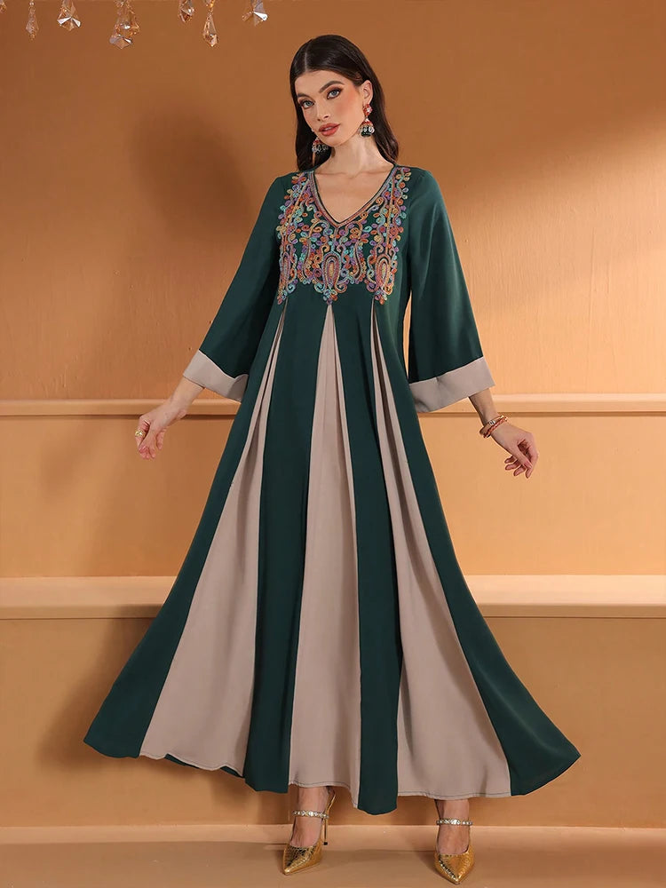 TOLEEN Damen Knöchellange Kleider Eid Al-Fitr Muslim Lose Applizierte V-Ausschnitt Langarm Damen Robe Islamisches Dubai ElegantDress.