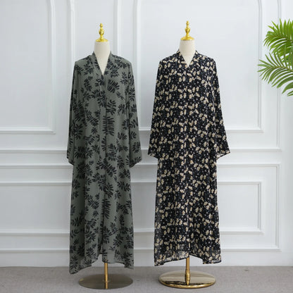 Muslim Abaya Set Luxury EID Islamic Kimono Muslim Women Dress Floral Printed Chiffon Modest Gorgeous Dubai Abaya Dress Suit
