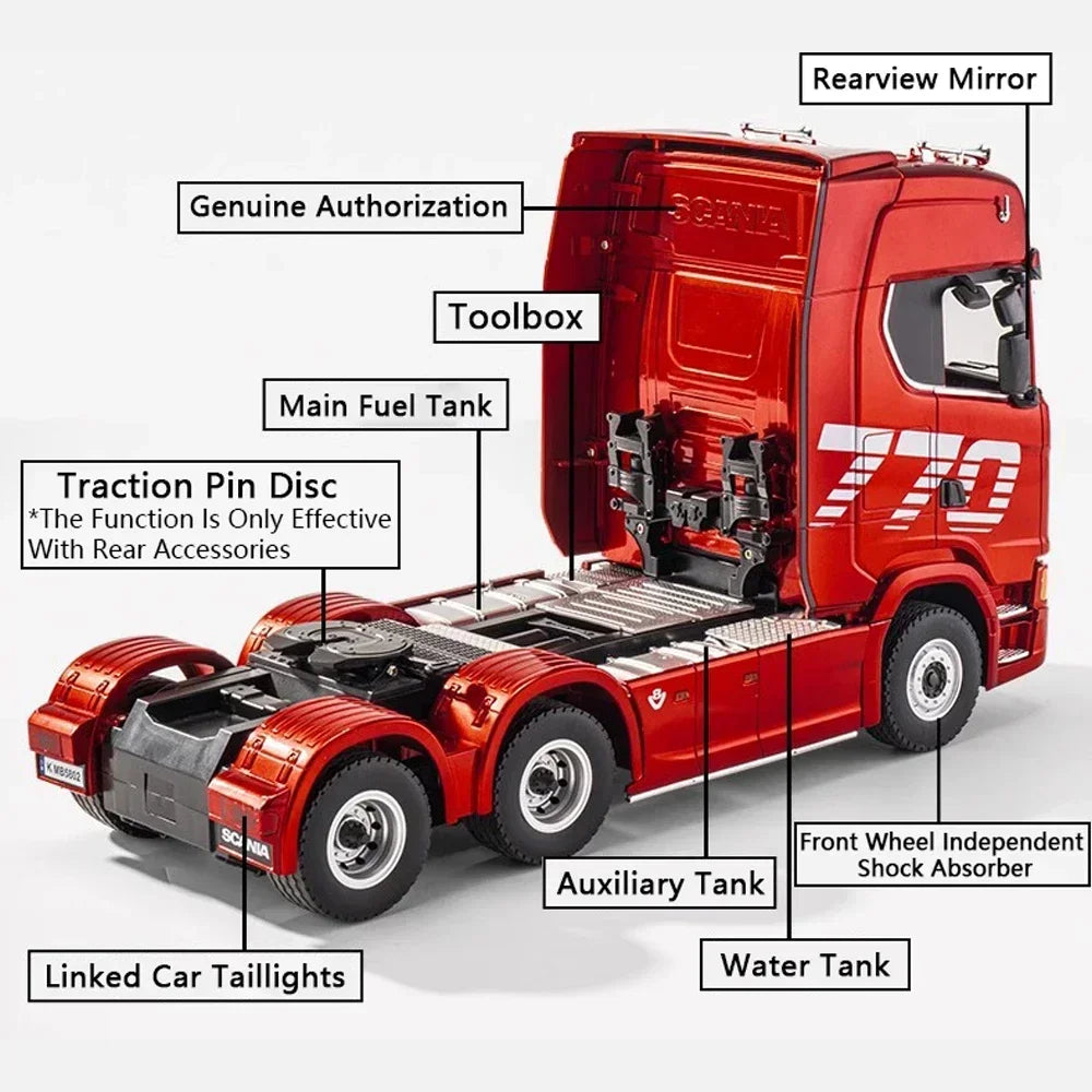 HUINA 1/18 19CH RC Truck 1501 770S Scania Alloy Tractor 2.4G Remote Control Engineering Trailer Truck with Light and Sound Toys.