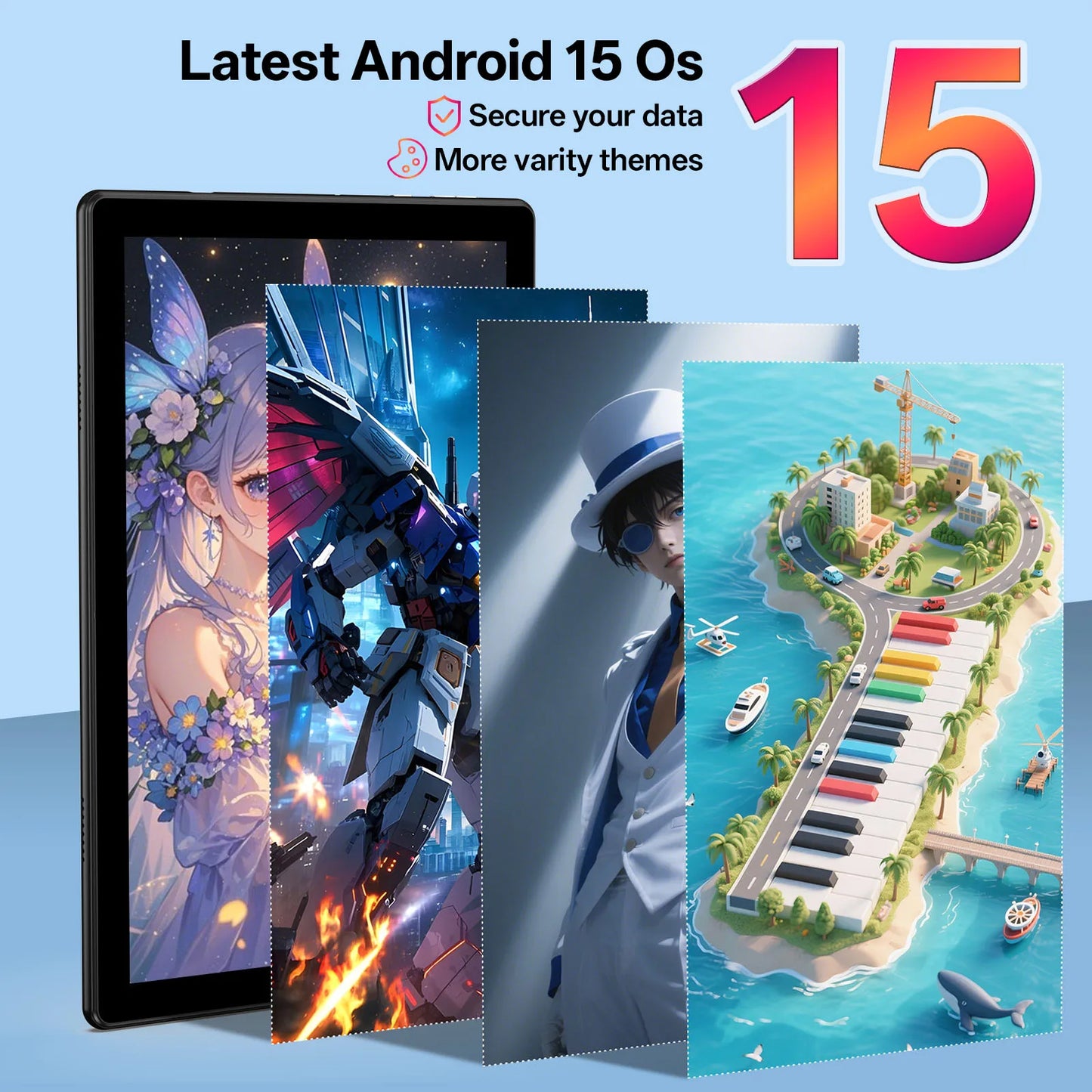 New BAKEN 10-inch Android 15 tablet with 64GB storage, keyboard, leather case, stylus, mouse, Wi-Fi, GPS, Bluetooth.