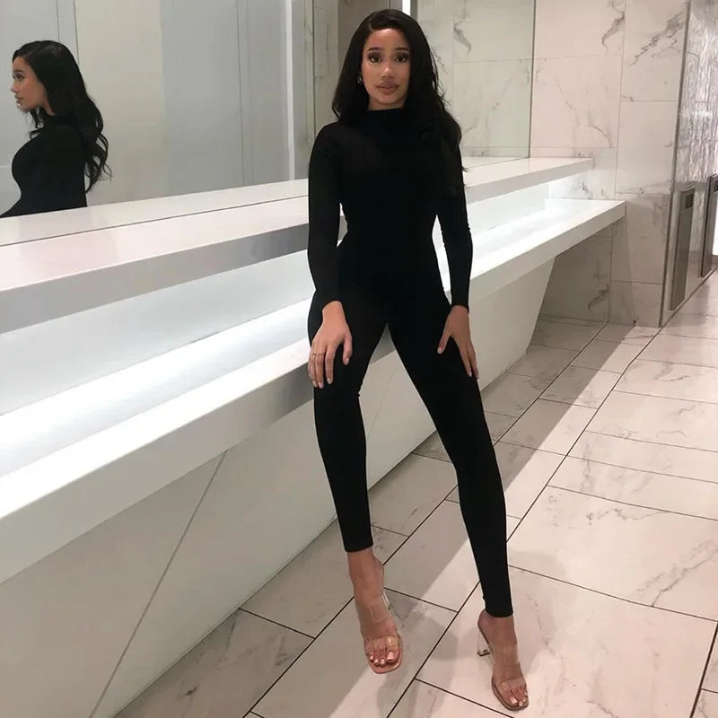 solid black/gray long sleeve skiing jumpsuit women elastic hight outfit fashion fitness sportwear slim rompers streetwear.