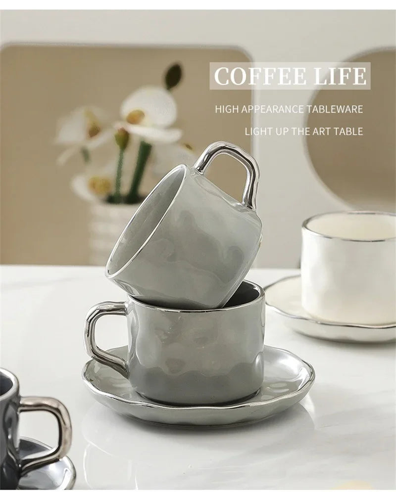230ml European Style Coffee Cup with Saucer and spoon Ceramic mug Solid Color Tea Cup and Saucer Set Afternoon Tea Milk Cup.