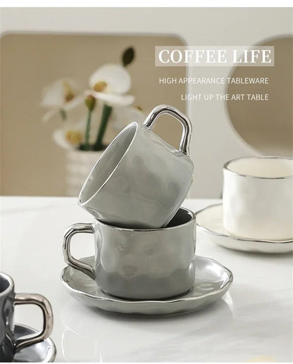230ml European Style Coffee Cup with Saucer and spoon Ceramic mug Solid Color Tea Cup and Saucer Set Afternoon Tea Milk Cup.