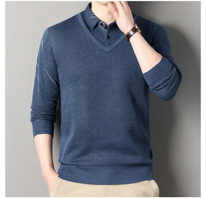Men's Fleece Lining Sweater Autumn Winter Pullover Polo Shirt Collar Fake Two Piece Thick Warm Top Clothes Casual Knitwear.