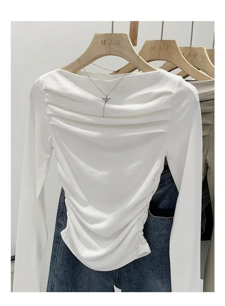 Spicy Girl Style One-Collar Ruffles Cropped Long Sleeve T-Shirt Women's Autumn/Winter New Arrival Base Layer Sweatshirt.