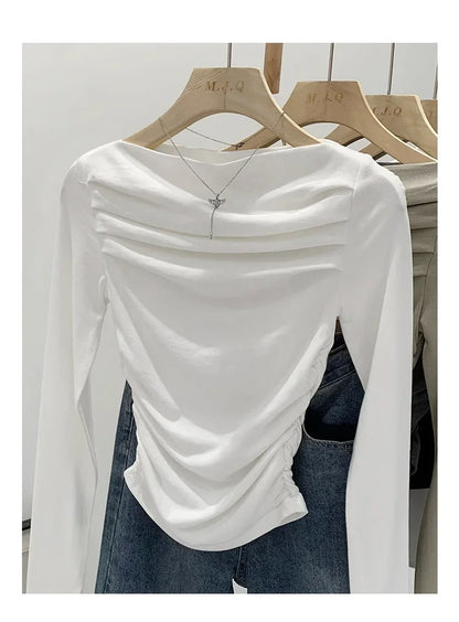 Spicy Girl Style One-Collar Ruffles Cropped Long Sleeve T-Shirt Women's Autumn/Winter New Arrival Base Layer Sweatshirt.