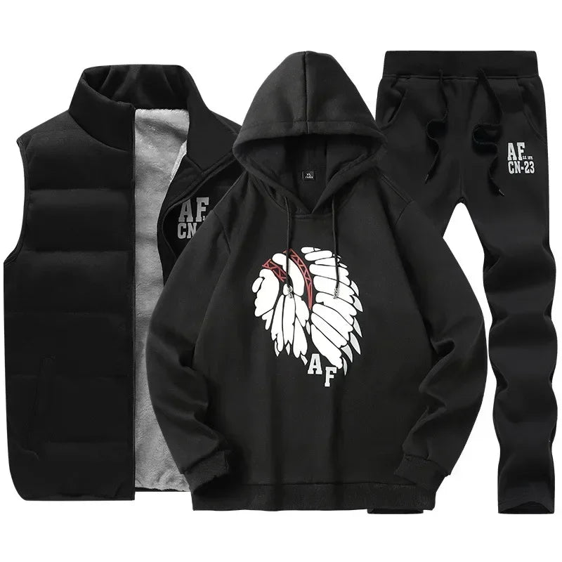 3 Pieces Set Hoodies+Vest+Pants Casual Men's Track Suit Clothing Coats Winter Thick Warm Tracksuit for Men Printed Mens Set Vest