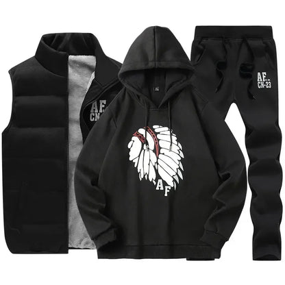 3 Pieces Set Hoodies+Vest+Pants Casual Men's Track Suit Clothing Coats Winter Thick Warm Tracksuit for Men Printed Mens Set Vest